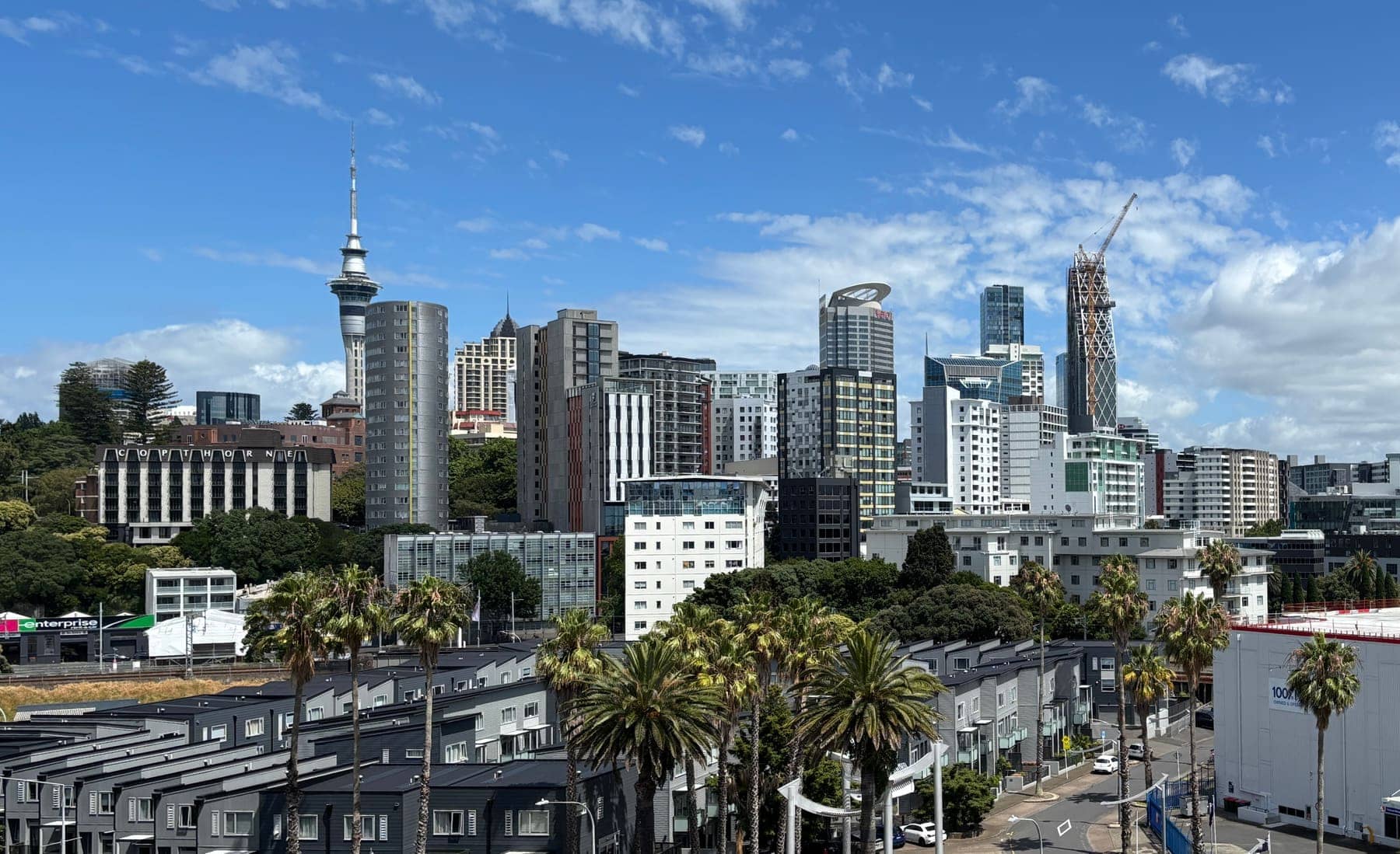 Auckland's central skyline with the Sky Tower, seen over palm trees and townhouses on a day with scattered clouds
